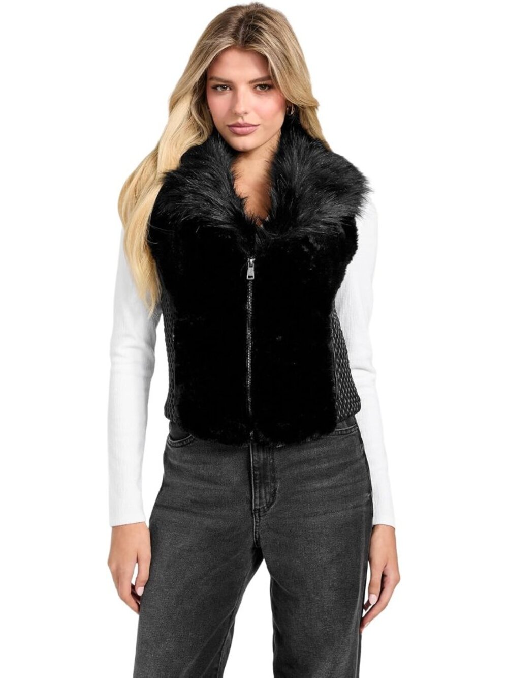 Guess Women's Jet Black Multi Sleeveless Amari Faux Fur Polyester Vest Jackets